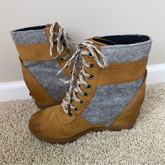 Sorel PDX Lace up Wedge Lexie Wedge Elk Tan Brown Grey 9 - Picture 3 of 6